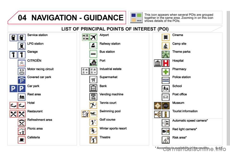 Citroen BERLINGO DAG 2011 2.G Owners Manual 9.15
04 NAVIGATION - GUIDANCE 
  LIST OF PRINCIPAL POINTS OF INTEREST (POI) 
� � �*� � � �A�c�c�o�r�d�i�n�g� �t�o� �a�v�a�i�l�a�b�i�l�i�t�y� �i�n� �t�h�e� �c�o�u�n�t�r�y�.� � 
� �T�h�i�s� �i�c�o�n� �a