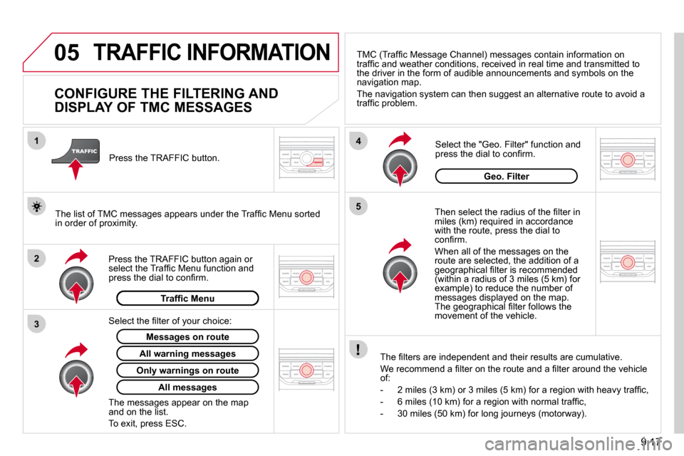 Citroen BERLINGO DAG 2011 2.G Owners Manual 9.17
05
2
1
3
4
5
 TRAFFIC INFORMATION 
          CONFIGURE THE FILTERING AND  
DISPLAY OF TMC MESSAGES 
� � �T�h�e�n� �s�e�l�e�c�t� �t�h�e� �r�a�d�i�u�s� �o�f� �t�h�e� �ﬁ� �l�t�e�r� �i�n� �m�i�l�e�