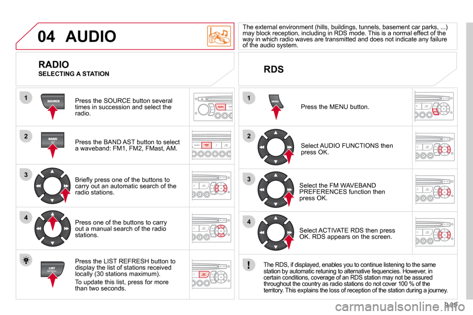 Citroen BERLINGO DAG 2011 2.G Owners Manual 9.39
04
1
2
3
4
1
2
3
4
 AUDIO 
 Press the SOURCE button several times in succession and select the radio.  
  Press the BAND AST button to select �a� �w�a�v�e�b�a�n�d�:� �F�M�1�,� �F�M�2�,� �F�M�a�s�