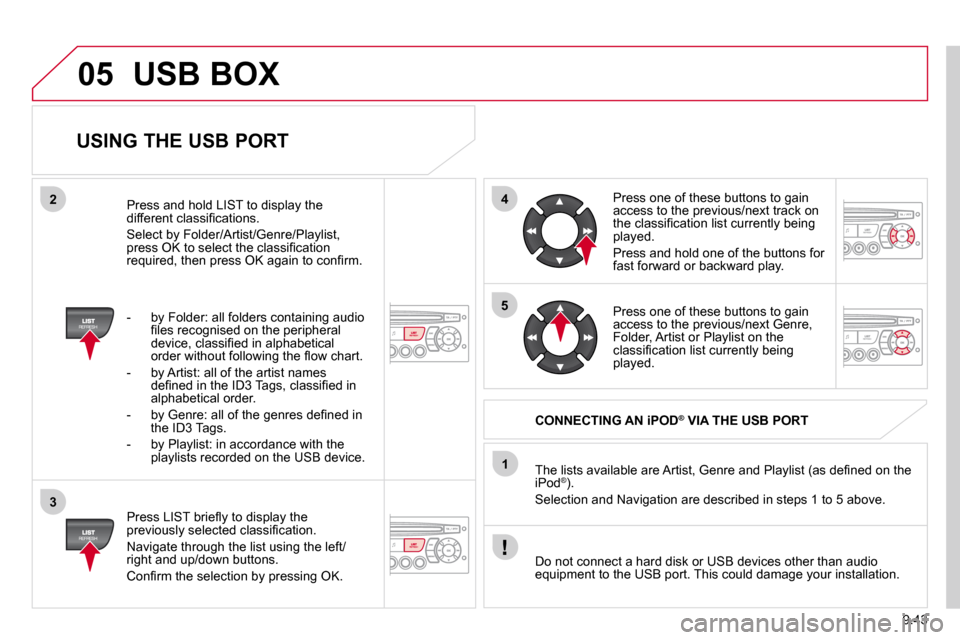 Citroen BERLINGO DAG 2011 2.G Owners Manual 9.43
05
42
3
1
5
 USB BOX 
  USING THE USB PORT 
� � �P�r�e�s�s� �L�I�S�T� �b�r�i�e�ﬂ� �y� �t�o� �d�i�s�p�l�a�y� �t�h�e� �p�r�e�v�i�o�u�s�l�y� �s�e�l�e�c�t�e�d� �c�l�a�s�s�i�ﬁ� �c�a�t�i�o�n�.� 
� 