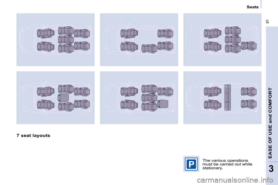 Citroen BERLINGO DAG 2011 2.G Manual PDF  81
EASE OF USE 
and
 COMFORT
3
   Seats   
  7 seat layouts   � � �T�h�e� �v�a�r�i�o�u�s� �o�p�e�r�a�t�i�o�n�s�  
�m�u�s�t� �b�e� �c�a�r�r�i�e�d� �o�u�t� �w�h�i�l�e� 
�s�t�a�t�i�o�n�a�r�y�.� �       