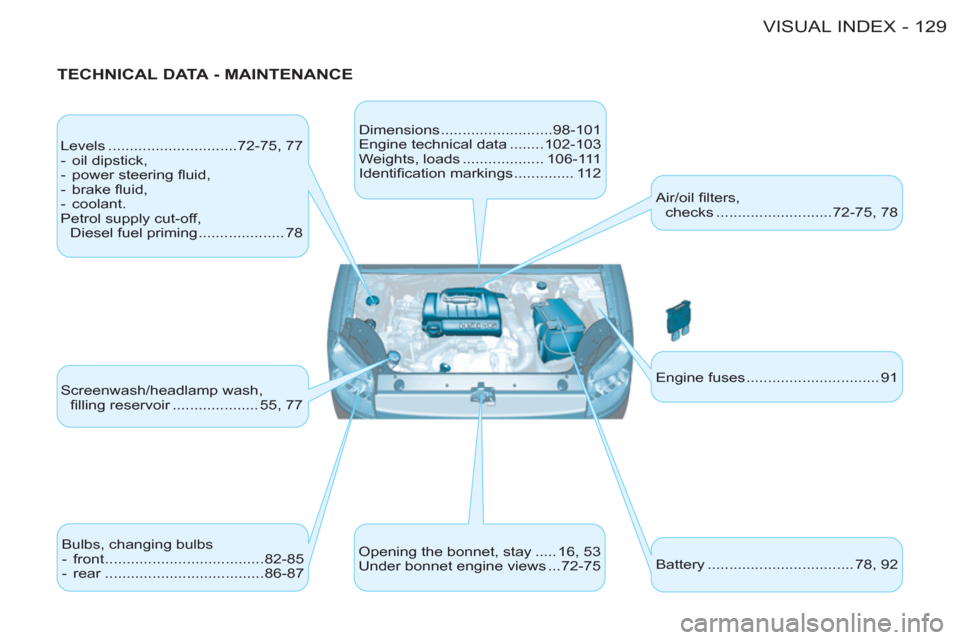 Citroen BERLINGO FIRST 2011 1.G User Guide 129 VISUAL INDEX-
   
TECHNICAL DATA - MAINTENANCE 
 
Levels ..............................72-75,  77 
   
 
-  oil dipstick, 
   
-  power steering ﬂ uid, 
   
-  brake ﬂ uid, 
   
-  coolant.  
