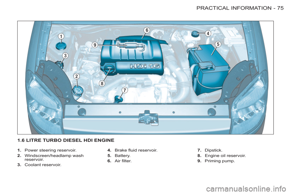 Citroen BERLINGO FIRST 2011 1.G Manual PDF 75 PRACTICAL INFORMATION
-
   
 
1. 
  Power steering reservoir. 
   
2. 
 Windscreen/headlamp wash 
reservoir. 
   
3. 
 Coolant reservoir.    
4. 
 Brake ﬂ uid reservoir. 
   
5. 
 Battery. 
   
6