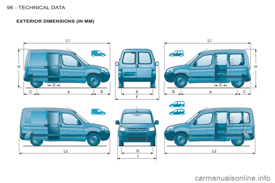 Citroen BERLINGO FIRST 2011 1.G Owners Manual TECHNICAL DATA
98 -
  EXTERIOR DIMENSIONS (IN MM)  