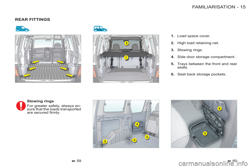 Citroen BERLINGO FIRST RHD 2011 1.G Owners Manual 15 FAMILIARISATION
-
  REAR FITTINGS 
 
 
 
Stowing rings 
  For greater safety, always en-
sure that the loads transported 
are secured ﬁ rmly. 
   
 
� 
 59  
    
 
 
1. 
  Load space cover. 
  