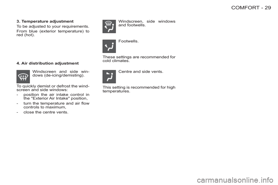 Citroen BERLINGO FIRST RHD 2011 1.G Owners Manual 29COMFORT-
  These settings are recommended for 
cold climates.     
3. Temperature adjustment 
  To be adjusted to your requirements. 
  From blue (exterior temperature) to 
red (hot).  
   
4. Air d