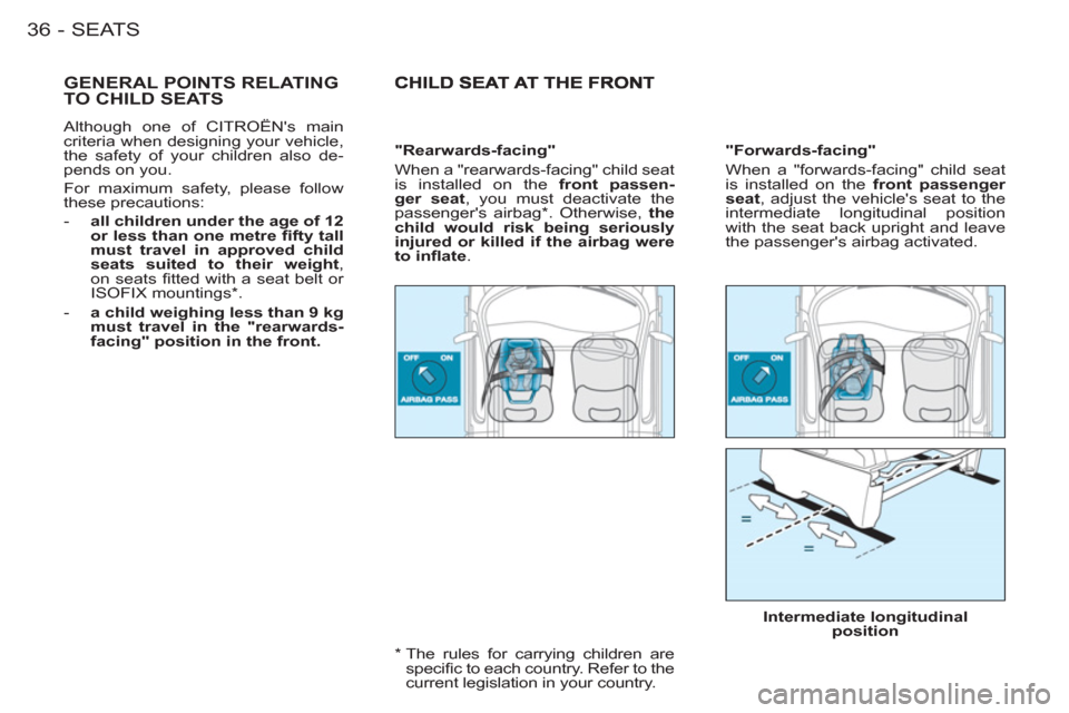 Citroen BERLINGO FIRST RHD 2011 1.G Owners Guide SEATS36-
  GENERAL POINTS RELATINGTO CHILD SEATS
 
Although one of CITROËNs main 
criteria when designing your vehicle, 
the safety of your children also de-
pends on you. 
  For maximum safety, ple