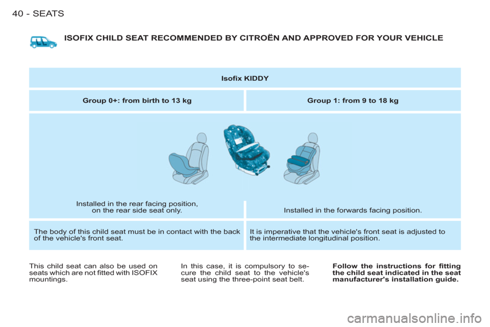 Citroen BERLINGO FIRST RHD 2011 1.G Owners Manual SEATS
40-
  ISOFIX CHILD SEAT RECOMMENDED BY CITROËN AND APPROVED FOR YOUR VEHICLE 
 
 
 
Isoﬁ x KIDDY 
 
 
   
Group 0+: from birth to 13 kg 
   
Group 1: from 9 to 18 kg 
 
  Installed in the rea