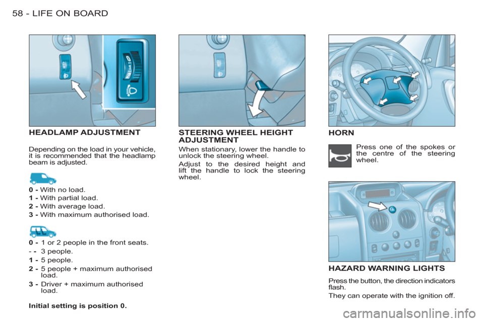 Citroen BERLINGO FIRST RHD 2011 1.G Workshop Manual LIFE ON BOARD
58 -
STEERING WHEEL HEIGHT
ADJUSTMENT HEADLAMP ADJUSTMENT
HORN
HAZARD WARNING LIGHT
S
  Press the button, the direction indicators 
ﬂ ash. 
 
They can operate with the ignition off.   