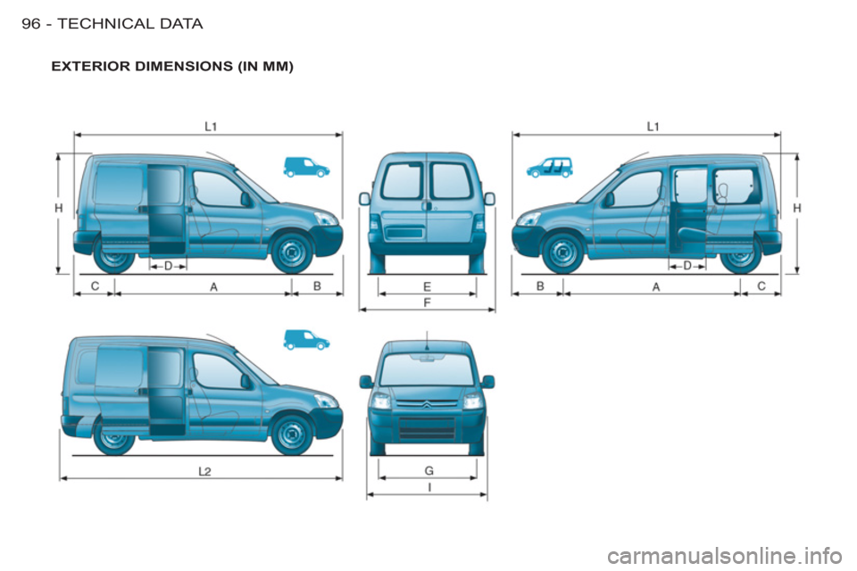 Citroen BERLINGO FIRST RHD 2011 1.G Owners Manual TECHNICAL DATA
96 -
  EXTERIOR DIMENSIONS (IN MM)  