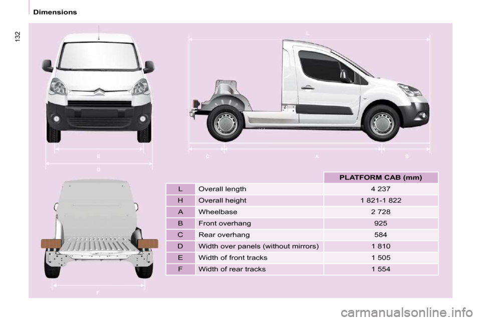 Citroen BERLINGO 2011 2.G Owners Manual �1�3�2
   Dimensions   
       
PLATFORM CAB (mm)    
  L   � �O�v�e�r�a�l�l� �l�e�n�g�t�h�    4 237  
  H   � �O�v�e�r�a�l�l� �h�e�i�g�h�t�  � � �1� �8�2�1�-�1� �8�2�2� � 
  A   � �W�h�e�e�l�b�a�s�e�