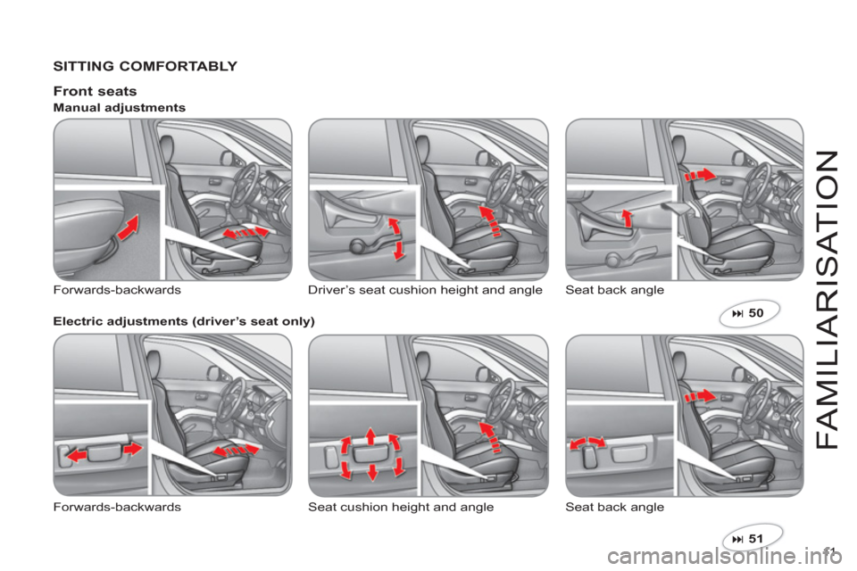 Citroen C CROSSER 2011 1.G User Guide 11  
FAMILIARI
S
AT I
ON
   SITTING COMFORTABLY  
�51  
 
 
 
 
Front seats 
 
Forwards-backwardsDriver’s seat cushion height and angle  Seat back angle    
Manual adjustments 
   
Electric adjustm