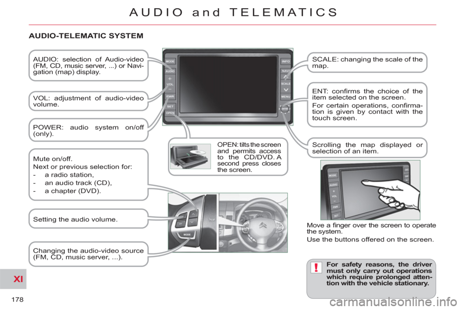 Citroen C CROSSER 2011 1.G Owners Manual XI
!
178
AUDIO and TELEMATICS
   
AUDIO: selection of Audio-video 
(FM, CD, music server, ...) or Navi-
gation (map) display.  
   
VOL: adjustment of audio-video 
volume.  
 
 
OPEN: tilts the screen