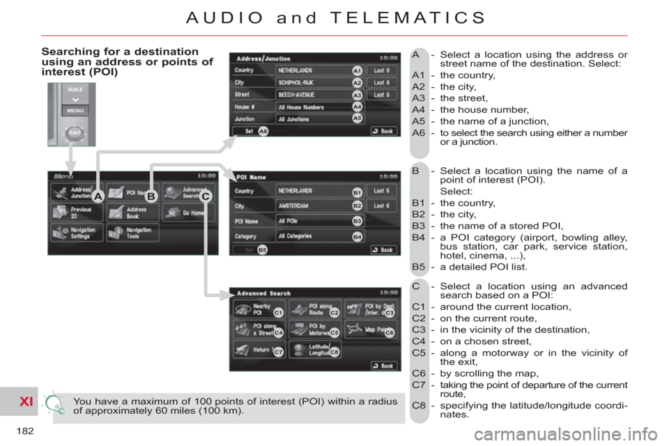 Citroen C CROSSER 2011 1.G Owners Manual XI
182
AUDIO and TELEMATICS
B - Select a location using the name of a
point of interest (POI).
Select:
B1 - the country,
B2 - the city,
B3 - the name of a stored POI,
B4 - a PO Citroen C CROSSER 2011 1.G Owners Manual XI
182
AUDIO and TELEMATICS
B - Select a location using the name of a
point of interest (POI).
Select:
B1 - the country,
B2 - the city,
B3 - the name of a stored POI,
B4 - a PO
