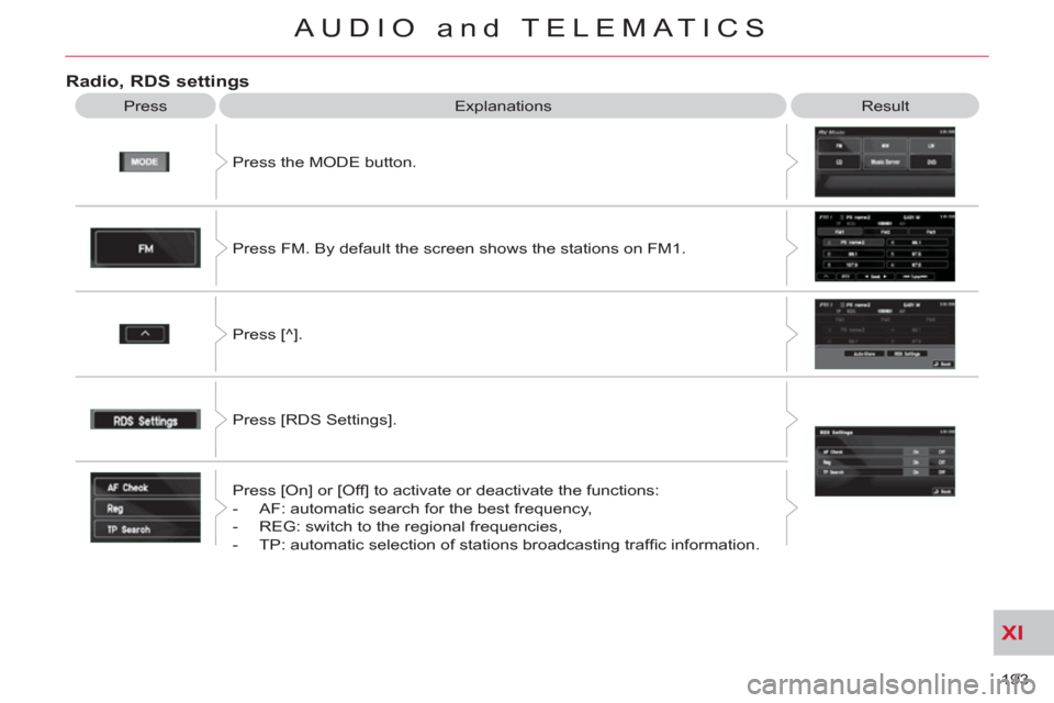 Citroen C CROSSER 2011 1.G Owners Manual XI
193 
AUDIO and TELEMATICS
Radio, RDS settings 
  Press  Explanations  Result 
  Press the MODE button. 
  Press FM. By default the screen shows the stations on FM1. 
  Press [^]. 
  Press [RDS Sett