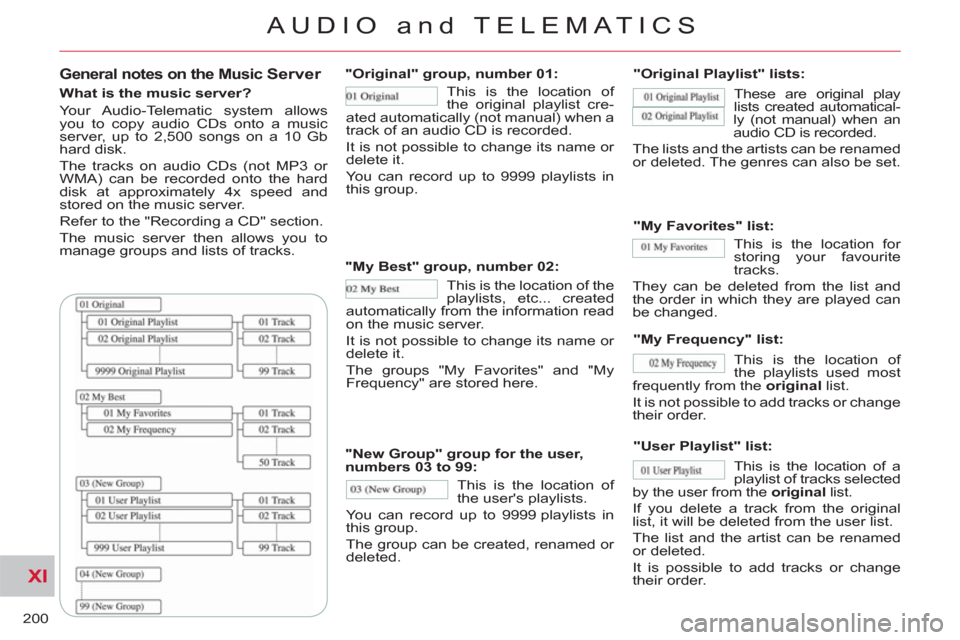 Citroen C CROSSER 2011 1.G Owners Manual XI
200
AUDIO and TELEMATICS
General notes on the Music Server
What is the music server?
Your Audio-Telematic system allows
you to copy audio CDs onto a music
server, up to 2,500 songs on Citroen C CROSSER 2011 1.G Owners Manual XI
200
AUDIO and TELEMATICS
General notes on the Music Server
What is the music server?
Your Audio-Telematic system allows
you to copy audio CDs onto a music
server, up to 2,500 songs on