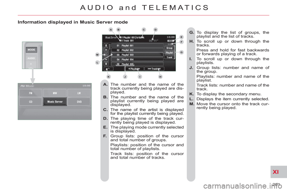 Citroen C CROSSER 2011 1.G Owners Manual XI
201
AUDIO and TELEMATICS
Information displayed in Music Server mode
A.
The number and the name of the
track currently being played are dis-
played.
B.
The number and the name Citroen C CROSSER 2011 1.G Owners Manual XI
201
AUDIO and TELEMATICS
Information displayed in Music Server mode
A.
The number and the name of the
track currently being played are dis-
played.
B.
The number and the name