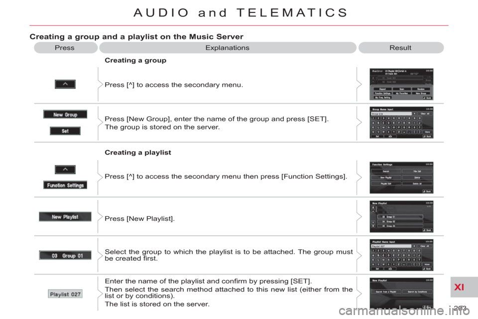 Citroen C CROSSER 2011 1.G Owners Manual XI
203 
AUDIO and TELEMATICS
Creating a group and a playlist on the Music Server 
  Explanations  Result 
  Press [^] to access the secondary menu.     
Creating a group 
  Press [New Group], enter th