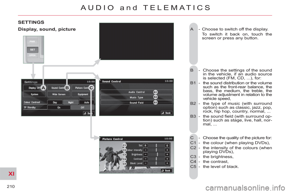 Citroen C CROSSER 2011 1.G Owners Manual XI
210
AUDIO and TELEMATICS
A - Choose to switch off the display.
To switch it back on, touch the
screen or press any button.
B - Choose the settings of the sound
in the vehicle, if an au Citroen C CROSSER 2011 1.G Owners Manual XI
210
AUDIO and TELEMATICS
A - Choose to switch off the display.
To switch it back on, touch the
screen or press any button.
B - Choose the settings of the sound
in the vehicle, if an au