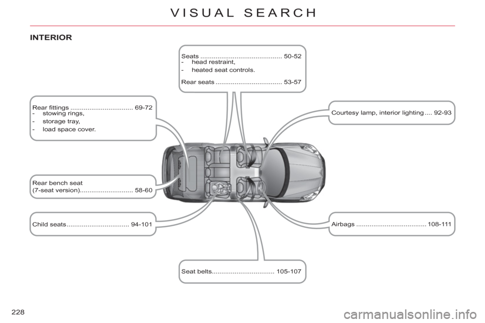 Citroen C CROSSER 2011 1.G Owners Manual 228
VISUAL SEARCH
   
INTERIOR 
 
Rear ﬁ ttings ................................. 69-72 
   
 
-  stowing rings, 
   
-  storage tray, 
   
-   load space cover.  
  Child seats ....................
