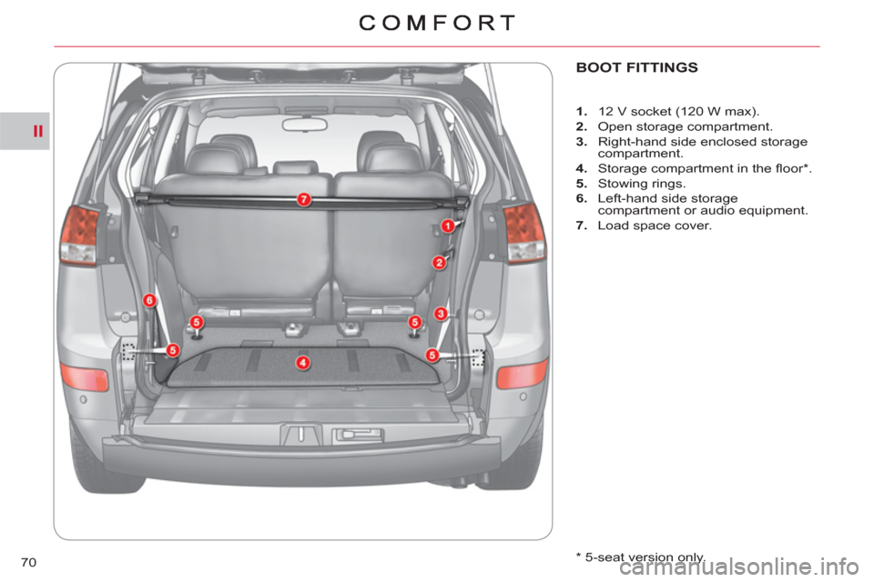 Citroen C CROSSER 2011 1.G Owners Manual II
70
BOOT FITTINGS 
   
 
 
1. 
  12 V socket (120 W max). 
   
2. 
  Open storage compartment. 
   
3. 
  Right-hand side enclosed storage 
compartment. 
   
4. 
  Storage compartment in the ﬂ oor