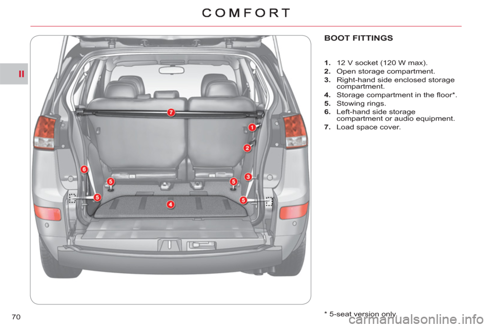 Citroen C CROSSER 2011 1.G Manual PDF II
70
BOOT FITTINGS 
   
 
 
1. 
  12 V socket (120 W max). 
   
2. 
  Open storage compartment. 
   
3. 
  Right-hand side enclosed storage 
compartment. 
   
4. 
  Storage compartment in the ﬂ oor
