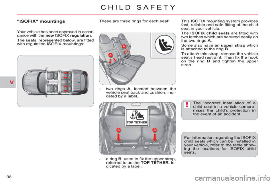 Citroen C CROSSER 2011 1.G Owners Manual V
!
CHILD SAFETY
98
  The incorrect installation of a 
child seat in a vehicle compro-
mises the childs protection in 
the event of an accident. 
  For information regarding the ISOFIX 
child seats w