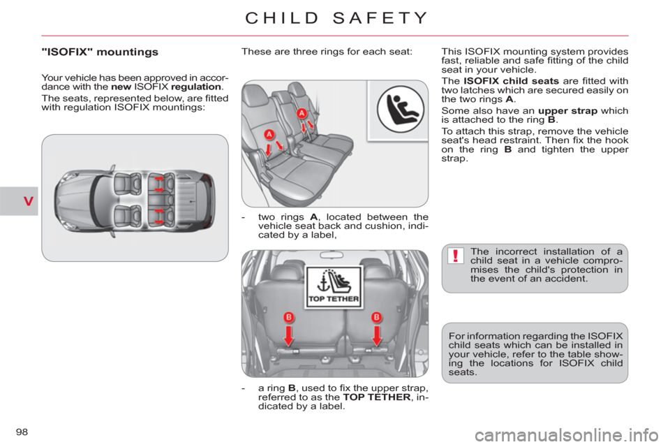 Citroen C CROSSER 2011 1.G Owners Manual V
!
CHILD SAFETY
98
The incorrect installation of a
child seat in a vehicle compro-
mises the childs protection in
the event of an accident.
For information regarding the ISOFIX
child seats w Citroen C CROSSER 2011 1.G Owners Manual V
!
CHILD SAFETY
98
The incorrect installation of a
child seat in a vehicle compro-
mises the childs protection in
the event of an accident.
For information regarding the ISOFIX
child seats w