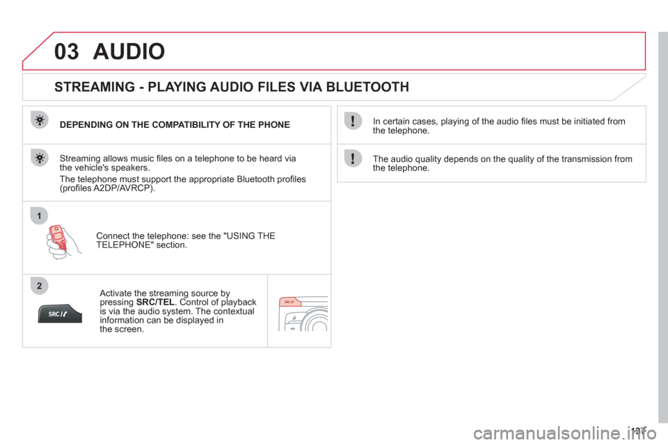 Citroen C ZERO RHD 2011 1.G User Guide 03
1
2
AUDIO
STREAMING - PLAYING AUDIO FILES VIA BLUETOOTH
DEPENDING ON THE COMPATIBILITY OF THE PHONE
Connect the telephone: see the "USING THE
TELEPH
ONE" section.
Streaming allow Citroen C ZERO RHD 2011 1.G User Guide 03
1
2
AUDIO
STREAMING - PLAYING AUDIO FILES VIA BLUETOOTH
DEPENDING ON THE COMPATIBILITY OF THE PHONE
Connect the telephone: see the "USING THE
TELEPH
ONE" section.
Streaming allow