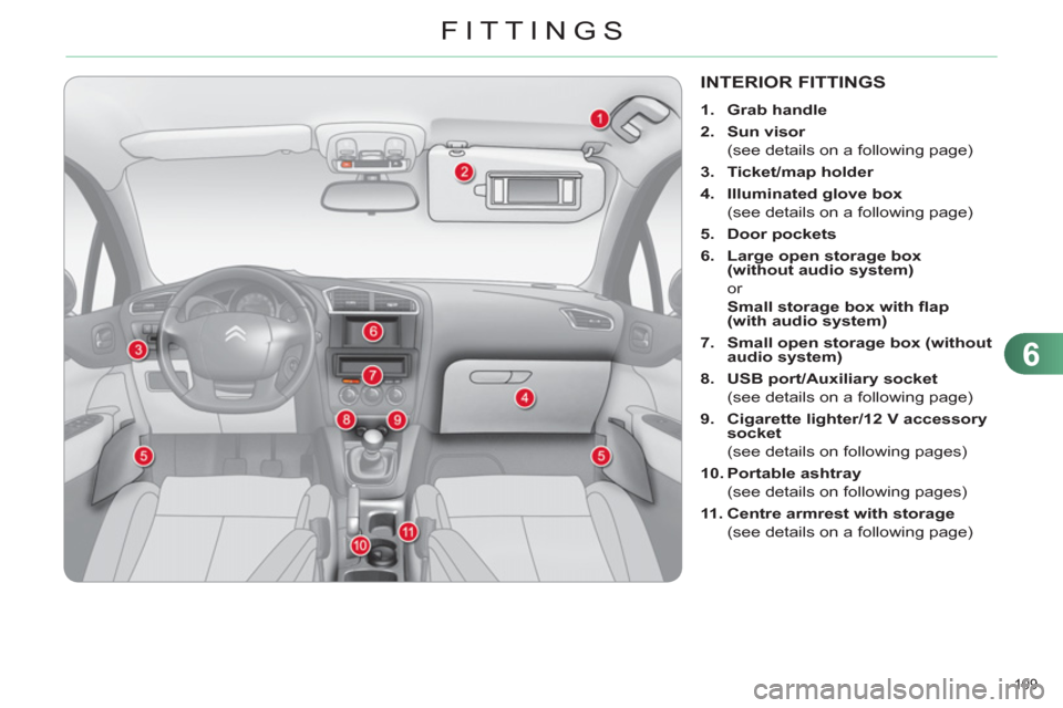 Citroen C4 DAG 2011 2.G Owners Manual 6
FITTINGS
109 
INTERIOR FITTINGS 
   
 
1. 
  Grab handle 
 
   
2. 
  Sun visor 
 
 
  (see details on a following page) 
   
3. 
  Ticket/ 
 
map 
 
 holder 
 
   
4. 
  Illuminated  
 
glove box 
