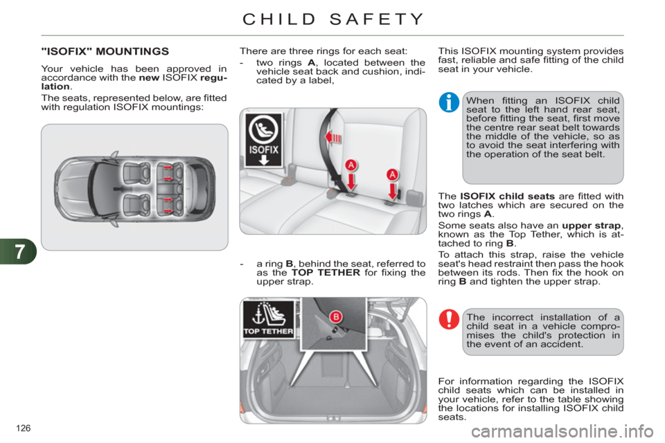 Citroen C4 DAG 2011 2.G Owners Manual 7
CHILD SAFETY
126 
"ISOFIX" MOUNTINGS 
  Your vehicle has been approved in 
accordance with the  new  
ISOFIX  regu-
lation 
. 
  The seats, represented below, are ﬁ tted 
with regulation ISOFIX mo