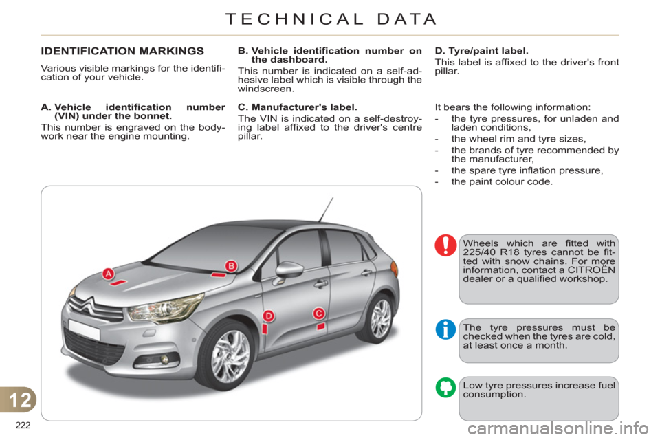 Citroen C4 DAG 2011 2.G User Guide 12
TECHNICAL DATA
222
IDENTIFICATION MARKINGS
Various visible markings for the identifi -
cation of your vehicle.
A. Vehicle identifi cation number
(VIN) under the bonnet.
This numbe Citroen C4 DAG 2011 2.G User Guide 12
TECHNICAL DATA
222
IDENTIFICATION MARKINGS
Various visible markings for the identifi -
cation of your vehicle.
A. Vehicle identifi cation number
(VIN) under the bonnet.
This numbe