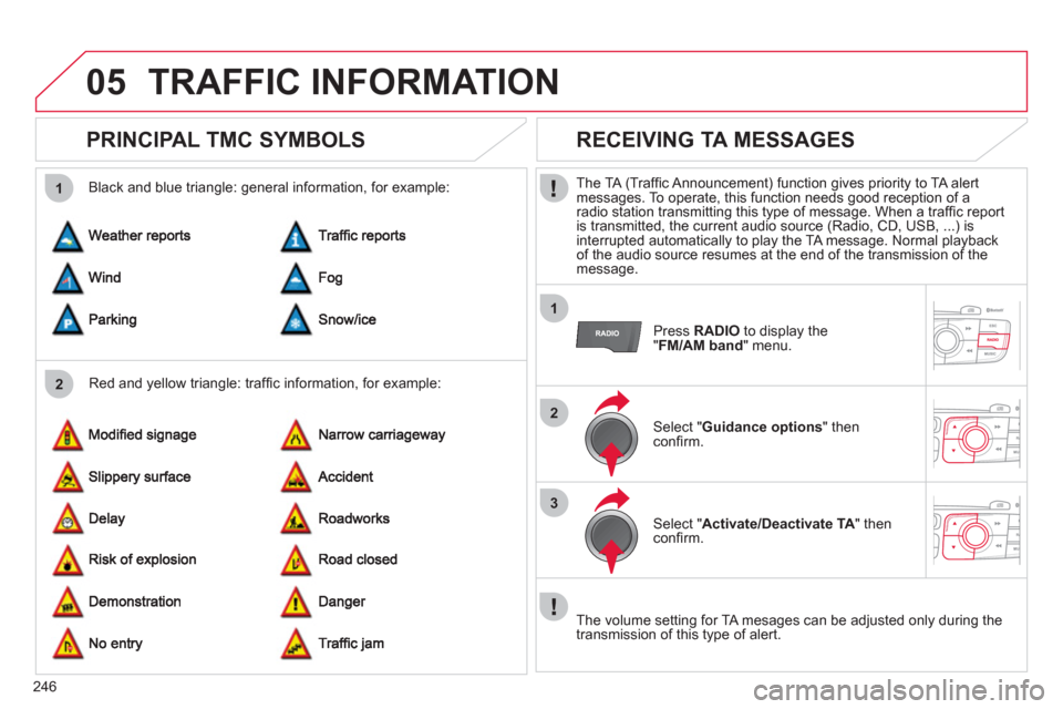 Citroen C4 DAG 2011 2.G Owners Manual 246
05
2 1
1
2
3
TRAFFIC INFORMATION
   
 
 
 
 
 
PRINCIPAL TMC SYMBOLS 
 
 
Red and yellow triangle: trafﬁ c information, for example:     
Black and blue trian
gle: general information, for examp