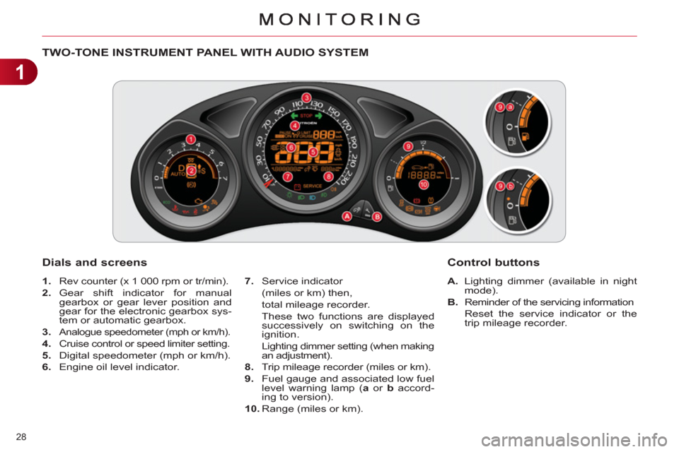 Citroen C4 DAG 2011 2.G Owners Manual 1
28 
   
 
 
 
 
 
 
 
 
 
 
 
TWO-TONE INSTRUMENT PANEL WITH AUDIO SYSTEM
   
Dials and screens
 
 
 
A. 
  Lighting dimmer (available in night 
mode). 
   
B. 
  Reminder of the servicing informati