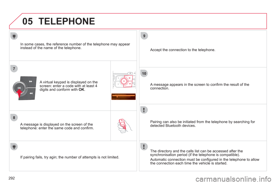 Citroen C4 DAG 2011 2.G Owners Manual 292
05
7
8
Saisir code authentification
01
OK Del23456789 _
9
10
TELEPHONE
   
A virtual keypad is displayed on the screen: enter a code with at least 4
digits and conform with OK.   
   
A message is