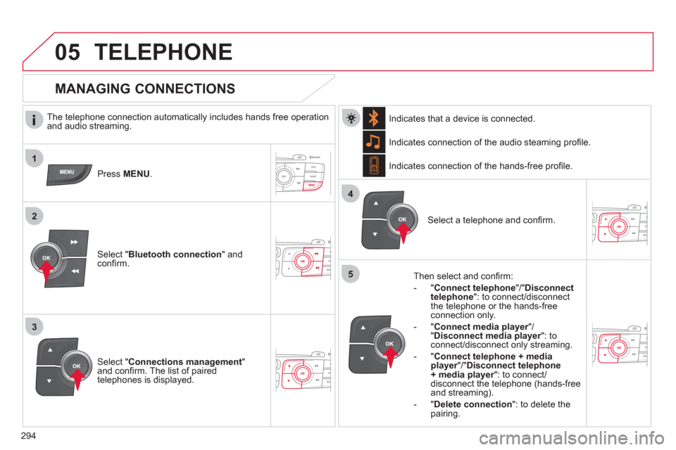 Citroen C4 DAG 2011 2.G Owners Manual 294
 
 
1
2
3
4
05
5
TELEPHONE
   
The telephone connection automatically includes hands free operation
and audio streaming.
Pr
ess  MENU.
Select " Bluetooth connection" andconﬁ rm.  Indicates conne