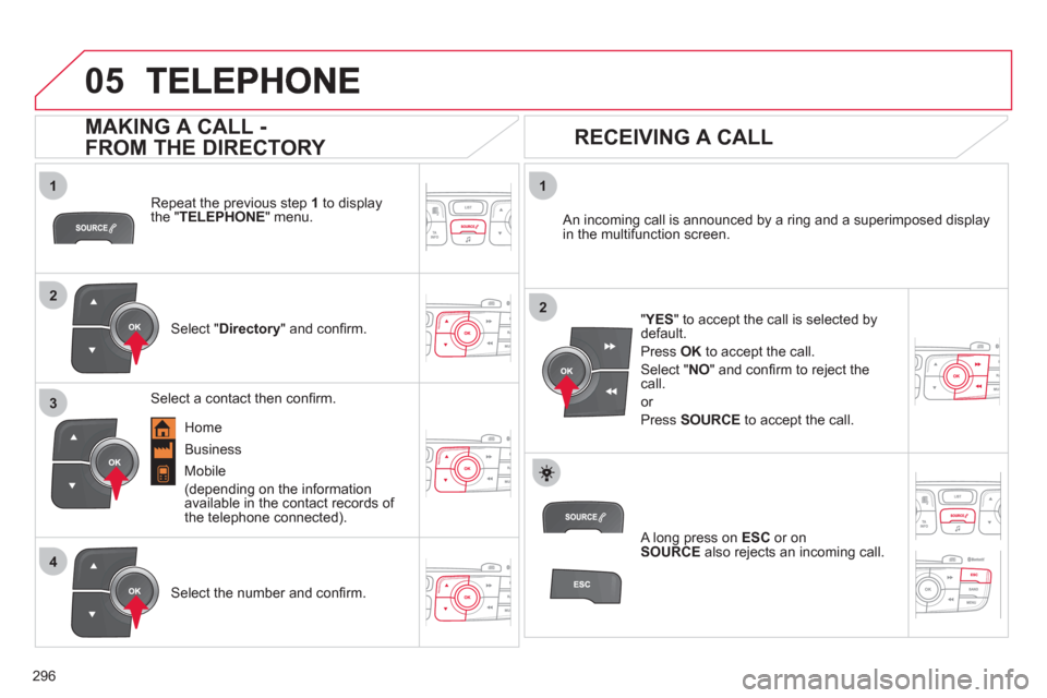 Citroen C4 DAG 2011 2.G Owners Manual 296
 
  
1
2
1
4
2
3
05
Repeat the previous step 1to display 
the " TELEPHONE" menu.  
   
Select "Directory 
" and conﬁ rm.     
An incoming call is announced by a ring and a superimposed displayin