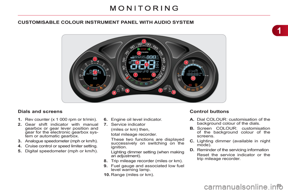 Citroen C4 DAG 2011 2.G Owners Manual 1
29 
   
 
 
 
 
 
 
 
 
 
 
 
CUSTOMISABLE COLOUR INSTRUMENT PANEL WITH AUDIO SYSTEM
 
 
 
1. 
  Rev counter (x 1 000 rpm or tr/min). 
   
2. 
 Gear shift indicator with manual 
gearbox or gear leve