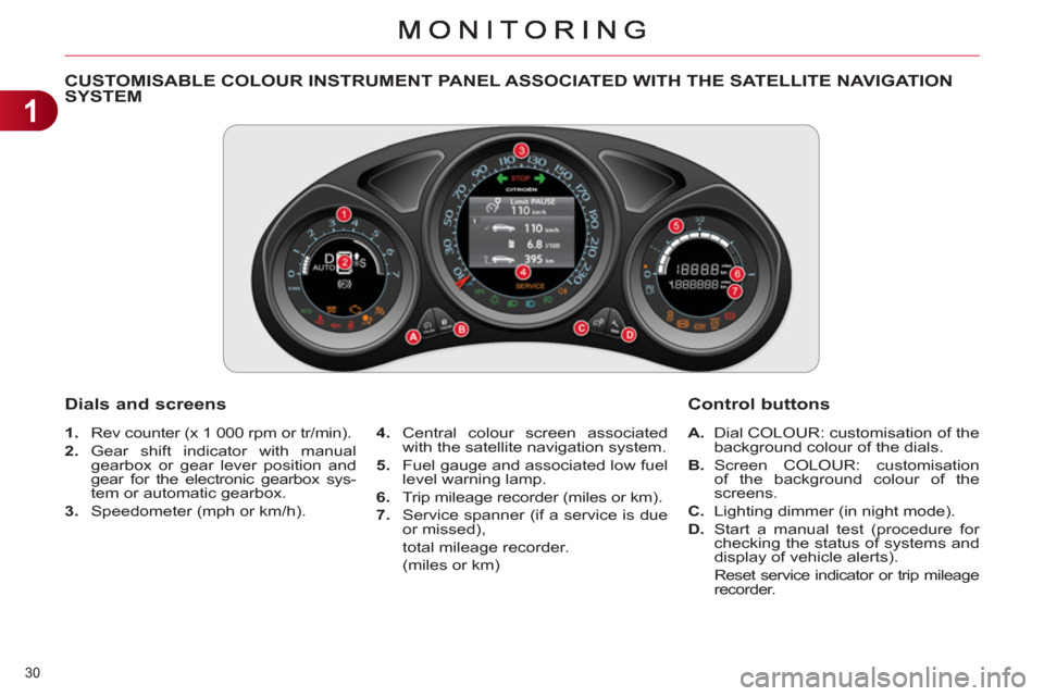 Citroen C4 DAG 2011 2.G Owners Guide 1
30 
CUSTOMISABLE COLOUR INSTRUMENT PANEL ASSOCIATED WITH THE SATELLITE NAVIGATION SYSTEM 
   
 
1. 
  Rev counter (x 1 000 rpm or tr/min). 
   
2. 
 Gear shift indicator with manual 
gearbox or gear