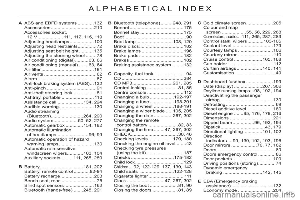 Citroen C4 DAG 2011 2.G User Guide 315
ALPHABETICAL INDEX
A ABS and EBFD systems ............132
Accessories ................................210
Accessories socket,
12 V ................... 111, 112, 115, 119
Adjusting headlamps Citroen C4 DAG 2011 2.G User Guide 315
ALPHABETICAL INDEX
A ABS and EBFD systems ............132
Accessories ................................210
Accessories socket,
12 V ................... 111, 112, 115, 119
Adjusting headlamps