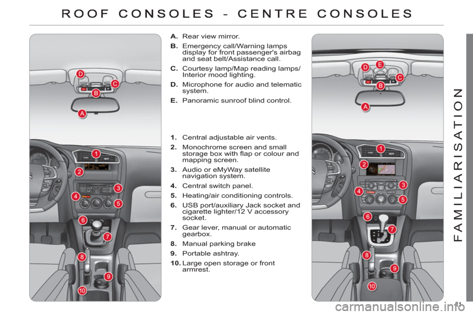 Citroen C4 2011 2.G Owners Manual 11  
FAMILIARISATION
   
 
 
A. 
  Rear view mirror. 
   
B. 
  Emergency call/Warning lamps 
display for front passengers airbag 
and seat belt/Assistance call. 
   
C. 
  Courtesy lamp/Map reading 