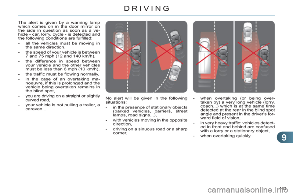 Citroen C4 2011 2.G Owners Manual 9
DRIVING
163
No alert will be given in the following
situations:
- in the presence of stationary objects
(parked vehicles, barriers, street
lamps, road signs...),
- with vehic Citroen C4 2011 2.G Owners Manual 9
DRIVING
163
No alert will be given in the following
situations:
- in the presence of stationary objects
(parked vehicles, barriers, street
lamps, road signs...),
- with vehic