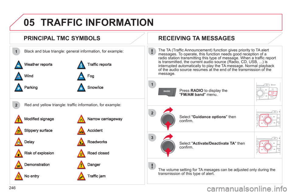 Citroen C4 2011 2.G Owners Manual 246
05
2 1
1
2
3
TRAFFIC INFORMATION
   
 
 
 
 
 
PRINCIPAL TMC SYMBOLS 
 
 
Red and yellow triangle: trafﬁ c information, for example:     
Black and blue trian
gle: general information, for examp