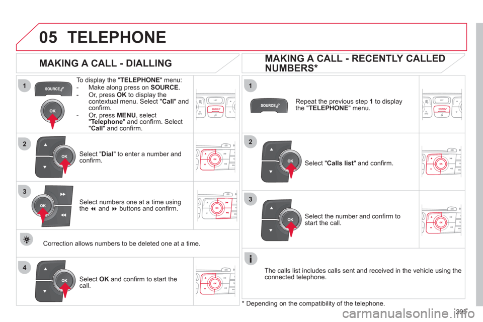 Citroen C4 2011 2.G Owners Manual 295
1
2
1
4
2
33
05TELEPHONE
To display the "TELEPHONE " menu:
- Make along press on SOURCE.
- Or, press OK
to display thecontextual menu. Select " Call" and confi rm.
- Or, press MENU
Citroen C4 2011 2.G Owners Manual 295
1
2
1
4
2
33
05TELEPHONE
To display the "TELEPHONE " menu:
- Make along press on SOURCE.
- Or, press OK
to display thecontextual menu. Select " Call" and confi rm.
- Or, press MENU