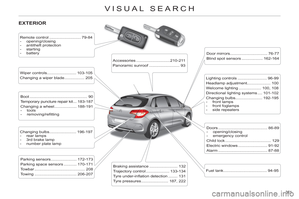 Citroen C4 2011 2.G Owners Manual 311 
VISUAL SEARCH
  EXTERIOR  
 
 
Remote control ........................... 79-84 
   
 
-  opening/closing 
   
-  antitheft protection 
   
-  starting 
   
-  battery  
 
   
Wiper controls.....