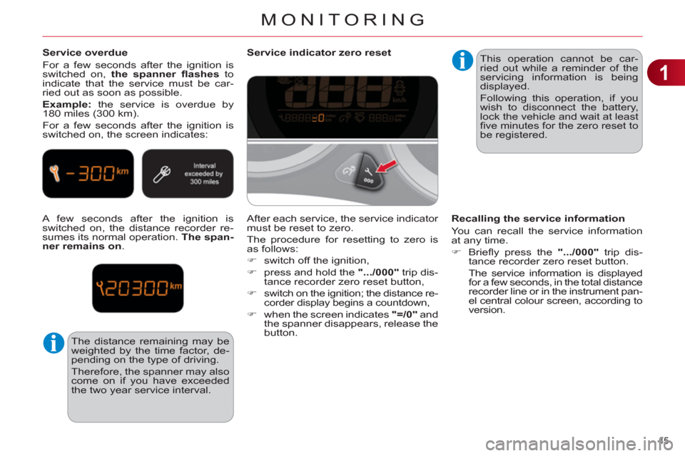 Citroen C4 2011 2.G Owners Manual 1
MONITORING
45 
   
Service overdue 
  For a few seconds after the ignition is 
switched on,  the spanner ﬂ ashes  
to 
indicate that the service must be car-
ried out as soon as possible. 
   
Exa