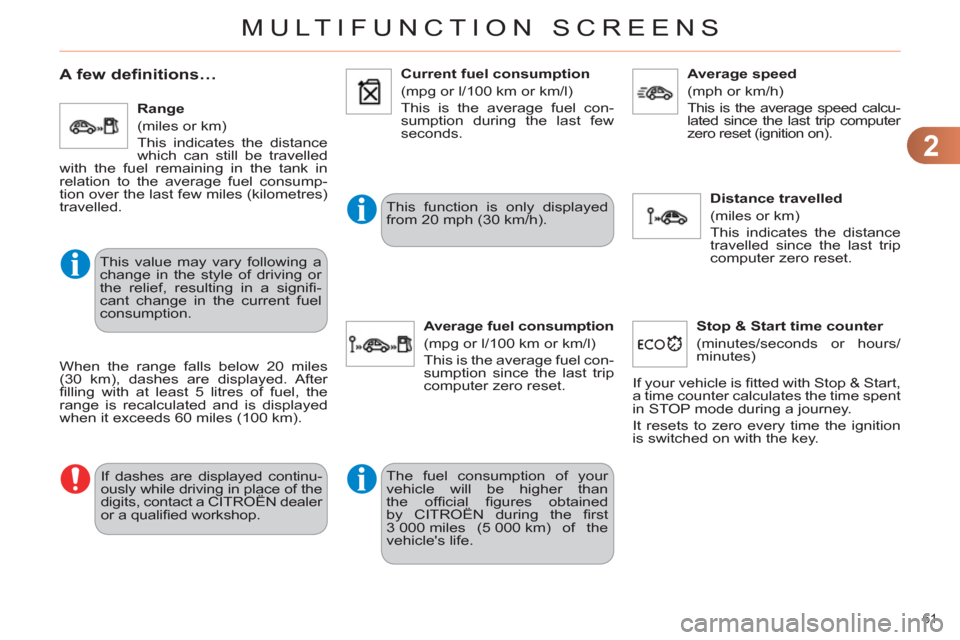 Citroen C4 2011 2.G Owners Manual 2
MULTIFUNCTION SCREENS
61 
   
 
 
 
 
A few definitions… 
 
This value may vary following a 
change in the style of driving or 
the relief, resulting in a signiﬁ -
cant change in the current fue