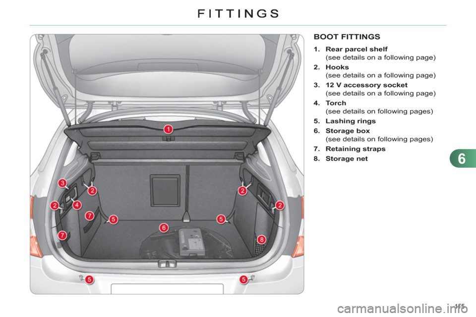 Citroen C4 RHD 2011 2.G Owners Manual 6
11 5  
BOOT FITTINGS 
   
 
1. 
  Rear parcel shelf 
 
 
  (see details on a following page) 
   
2. 
  Hooks 
 
 
  (see details on a following page) 
   
3. 
  12 V accessory socket 
 
 
  (see de