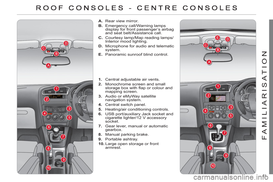 Citroen C4 RHD 2011 2.G Owners Manual 11  
FAMILIARISATION
   
 
 
A. 
  Rear view mirror. 
   
B. 
  Emergency call/Warning lamps 
display for front passenger’s airbag 
and seat belt/Assistance call. 
   
C. 
  Courtesy lamp/Map readin