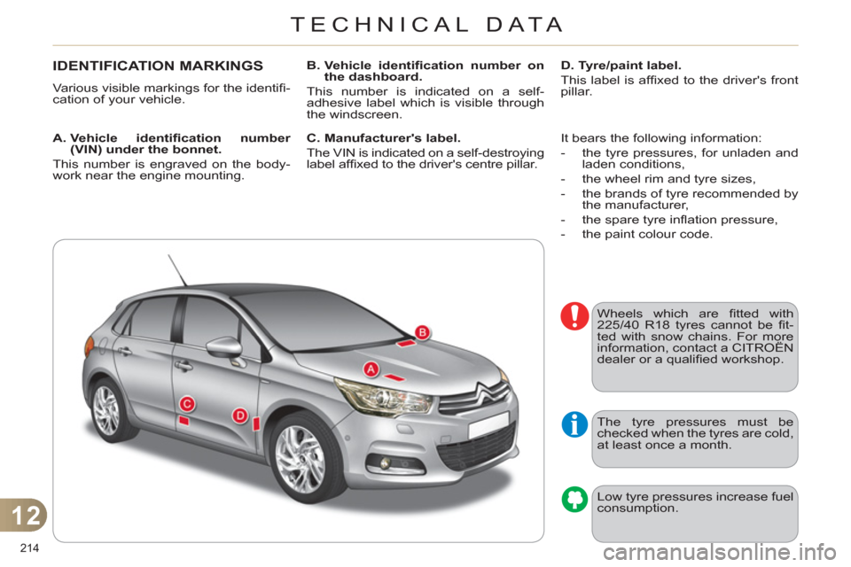 Citroen C4 RHD 2011 2.G Owners Manual 12
TECHNICAL DATA
214 
IDENTIFICATION MARKINGS
  Various visible markings for the identiﬁ -
cation of your vehicle. 
   
A.  Vehicle identiﬁ cation  number 
(VIN) under the bonnet. 
 
  This numbe